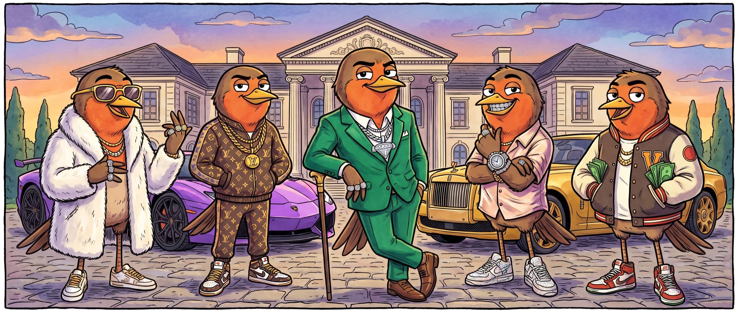 A flock of impossibly wealthy robins in bespoke suits standing in front of their private mansion estate, luxury cars parked out front.