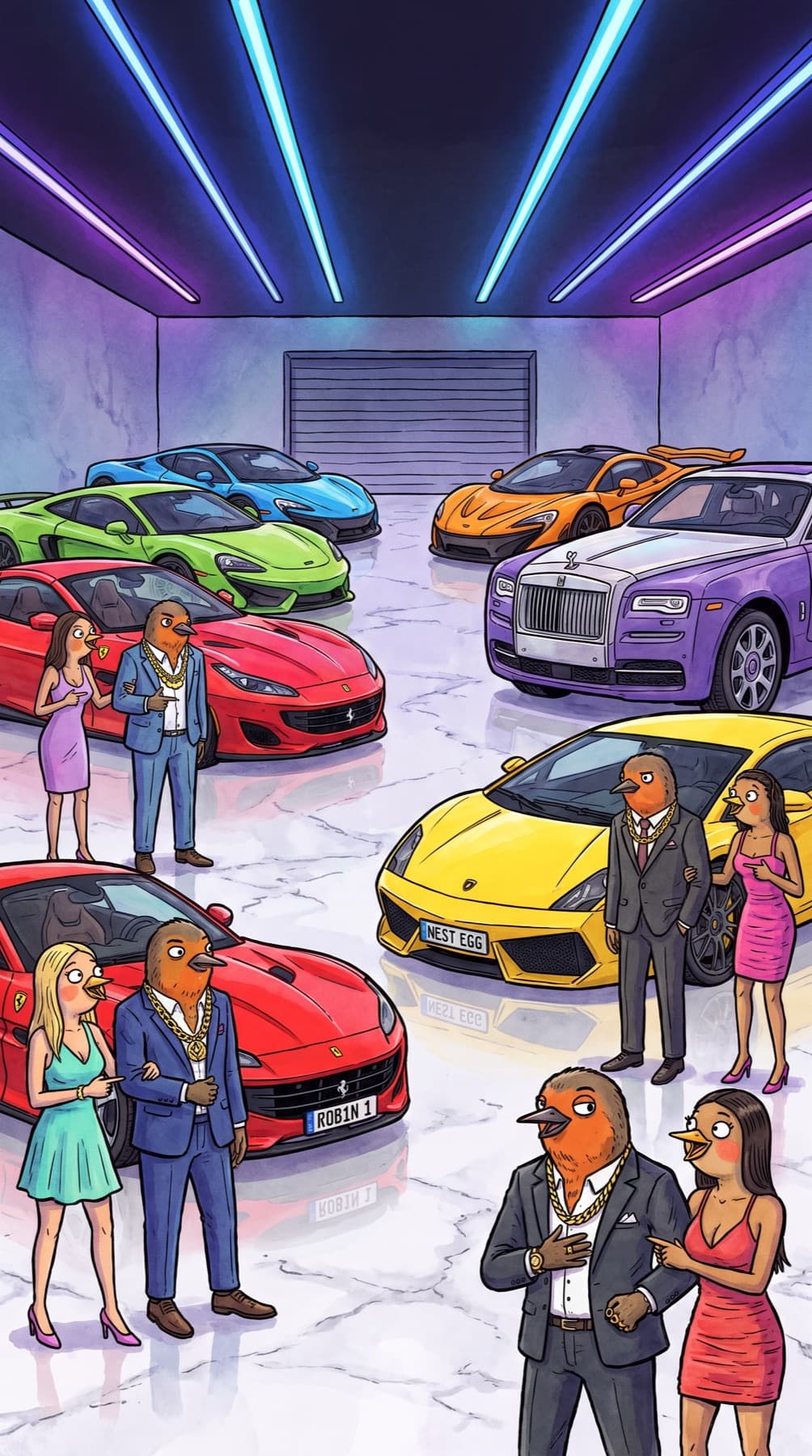 A private garage vault filled with supercars including a Rolls-Royce, Ferrari, and Lamborghini under neon lighting.